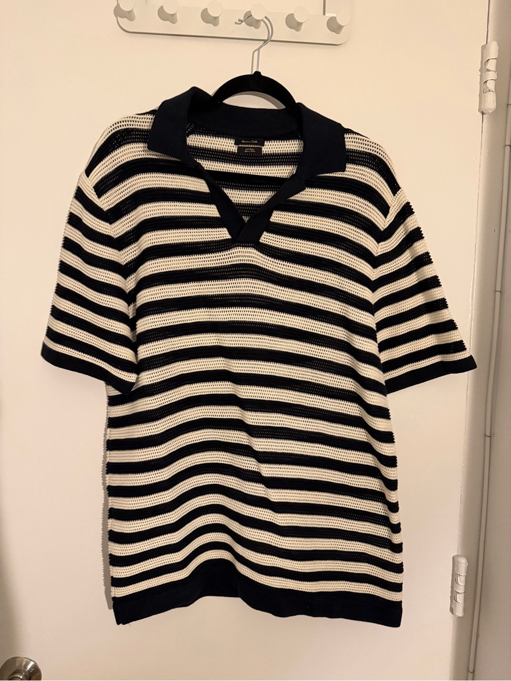 Massimo Dutti Striped Short-Sleeve Polo Sweater - Navy & White